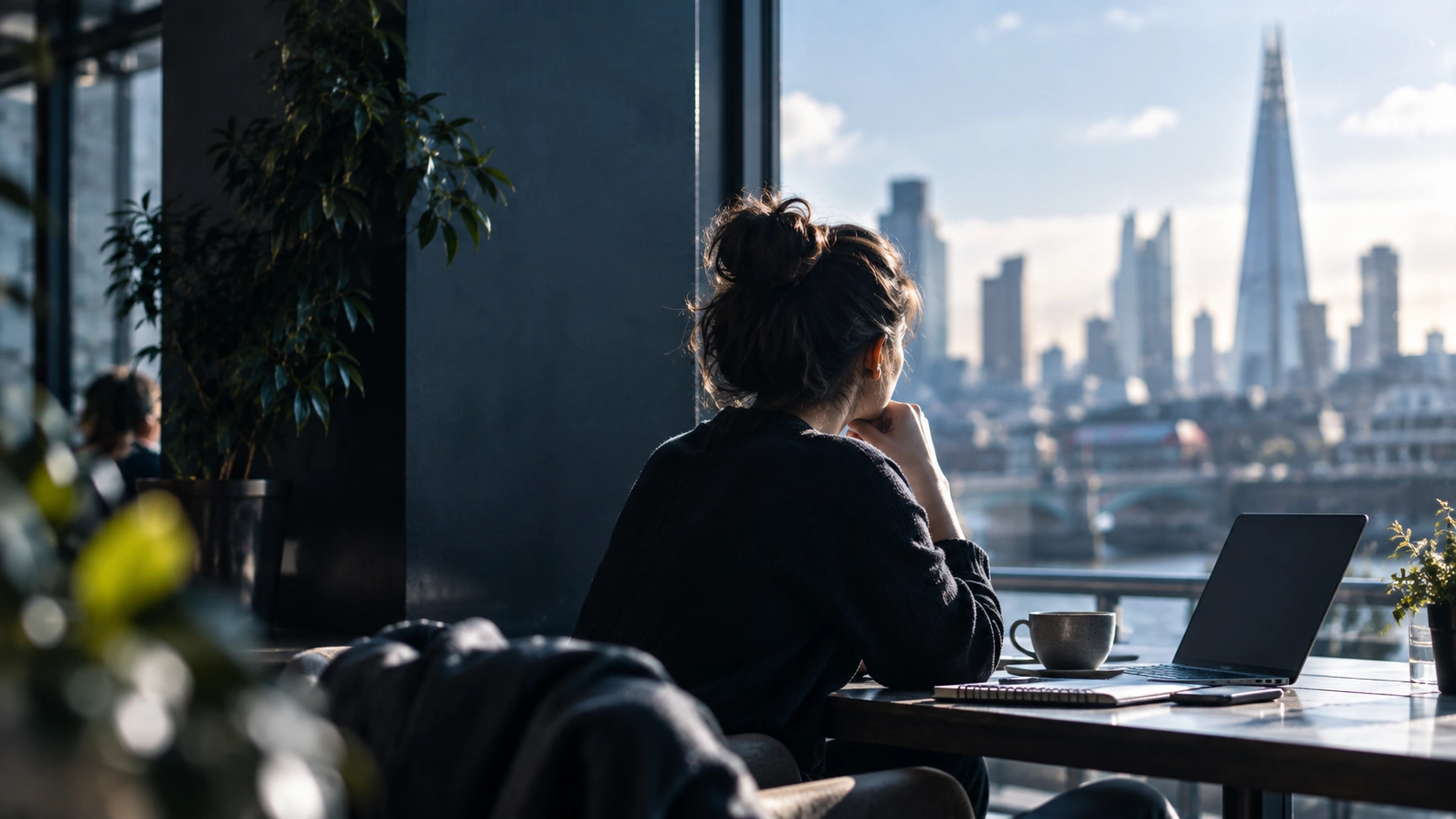 Modern workspace overlooking a city skyline